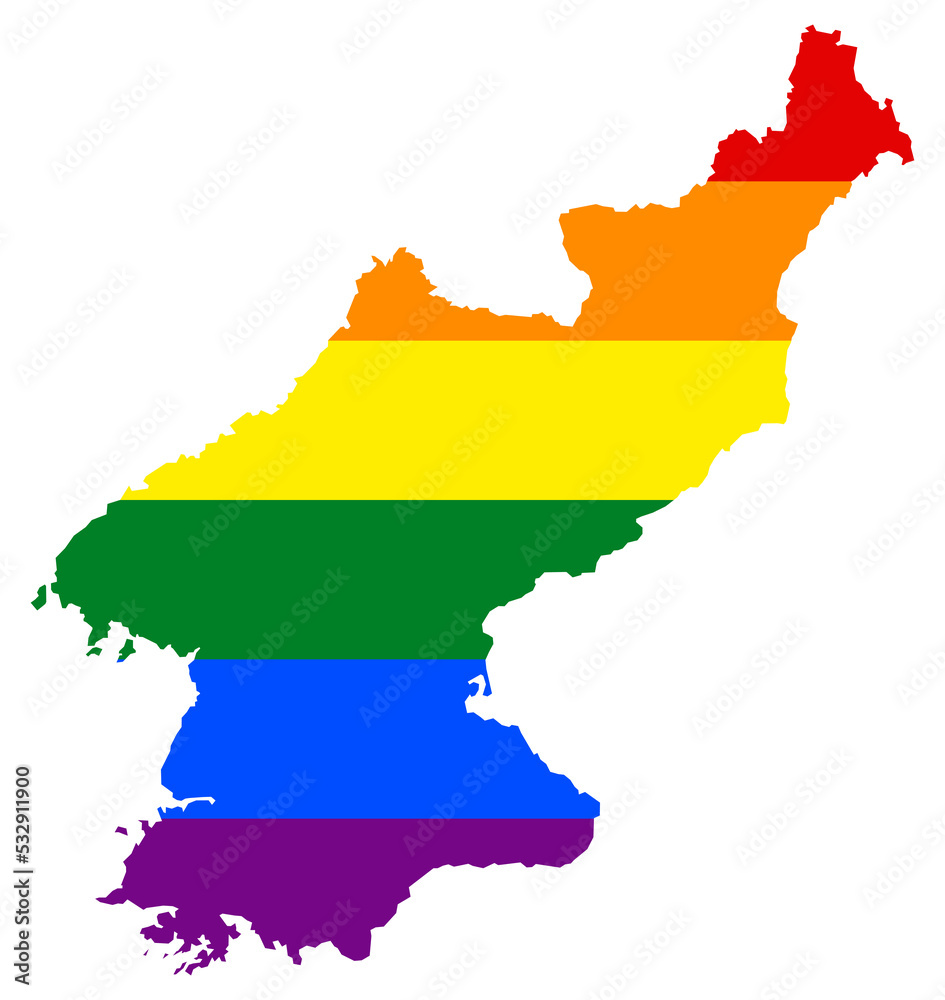 North Korea map with pride rainbow LGBT flag colors North Korea map with pride rainbow LGBT flag colors
