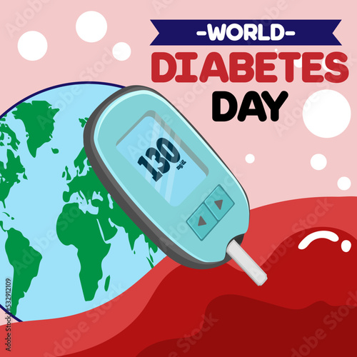 diabetic blood tester or glucose meter flat World diabetes day awareness poster banner background design with blue ribbon and circle badge on world map