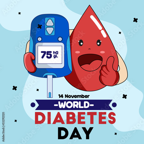 blood happy holding diabetic blood tester or glucose meter flat World diabetes day awareness poster banner background