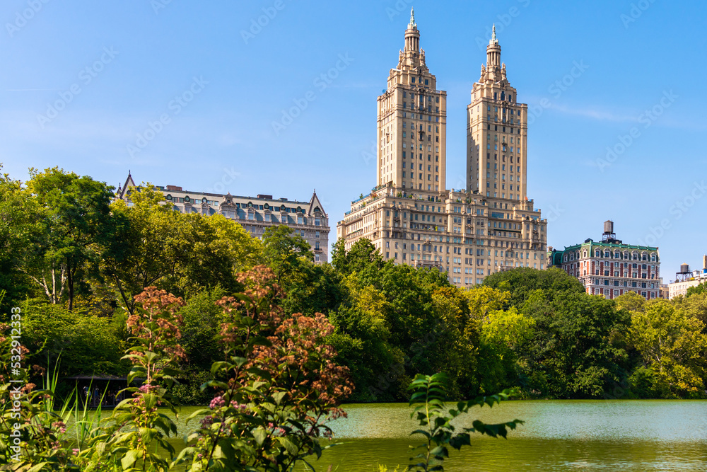 Skyline panorama with Eldorado building and reservoir in Central Park in midtown Manhattan in New York City