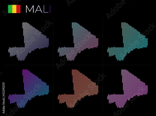 Mali dotted map set. Map of Mali in dotted style. Borders of the country filled with beautiful smooth gradient circles. Beautiful vector illustration.