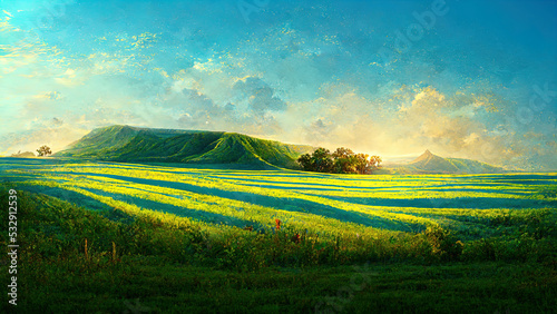 beautiful summer fields landscape with a dawn, green hills, bright color blue sky, country background