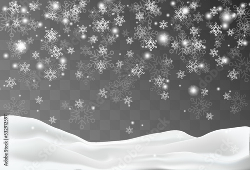 	
Snowdrift snow mound wavy surface closeup realistic image against dark transparent background vector illustration