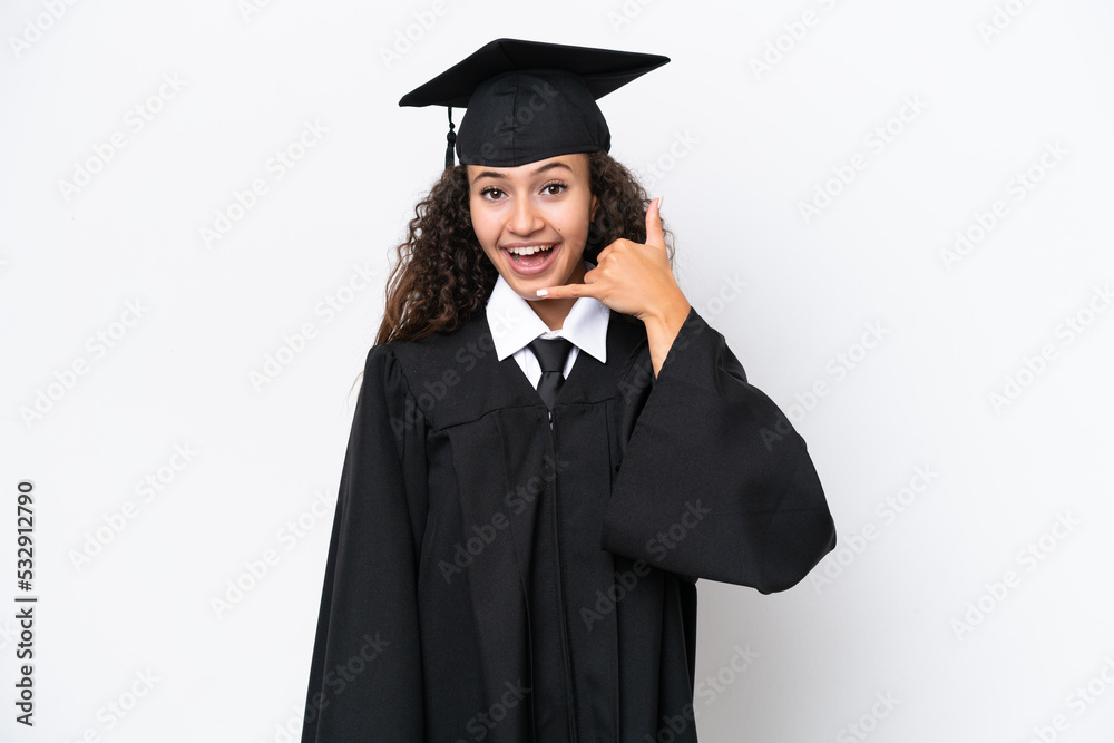 Young university graduate Arab woman isolated on white background making phone gesture. Call me back sign Young university graduate Arab woman isolated on white background making phone gesture. Call me back sign