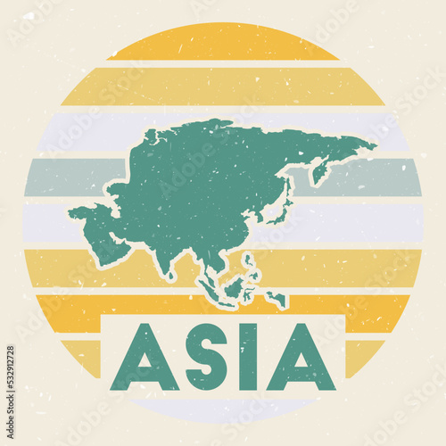 Asia logo. Sign with the map of continent and colored stripes, vector illustration. Can be used as insignia, logotype, label, sticker or badge of the Asia.