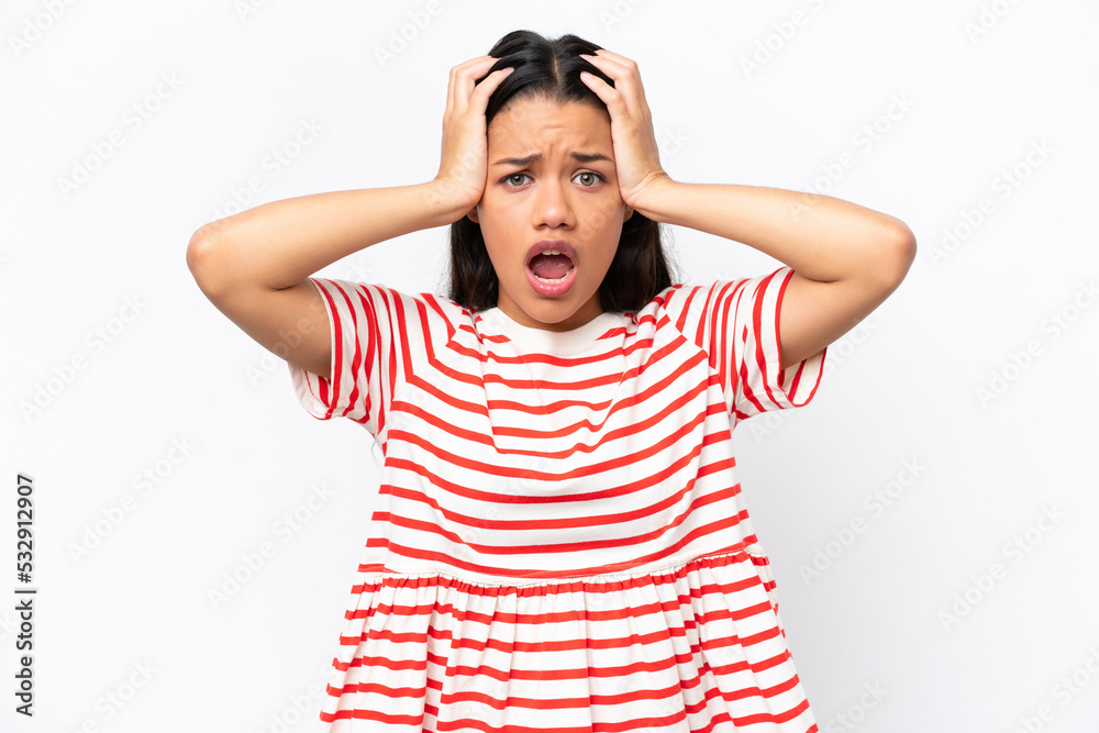 Young Colombian woman isolated on white background doing nervous gesture Young Colombian woman isolated on white background doing nervous gesture