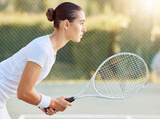 Sports fitness, focus and tennis woman ready for start of game, match or tournament competition with flare. Motivation, exercise and training girl with winner mindset prepare for tennis court workout