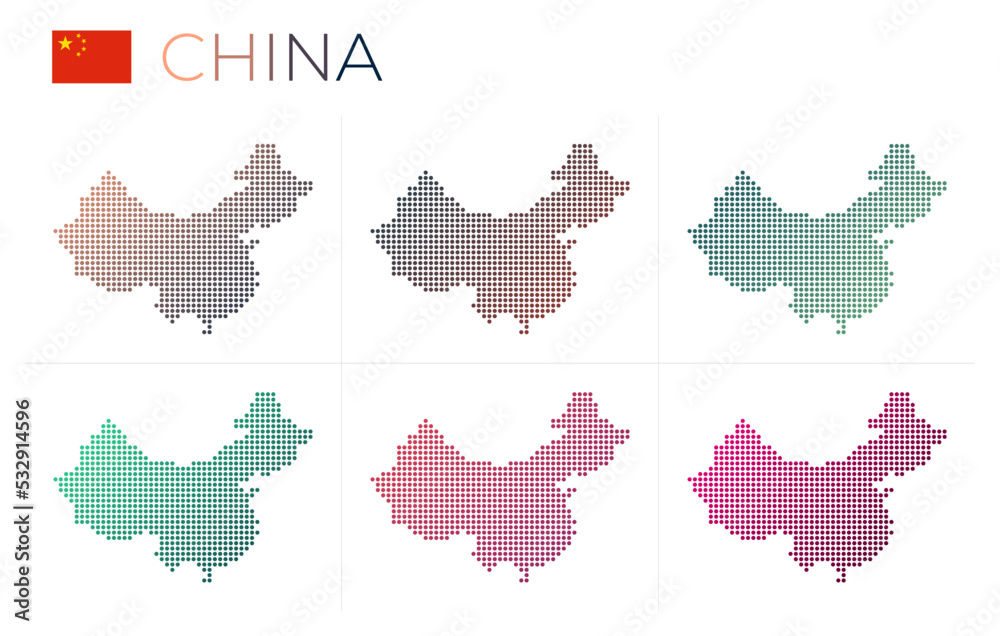 China dotted map set. Map of China in dotted style. Borders of the country filled with beautiful smooth gradient circles. Powerful vector illustration.