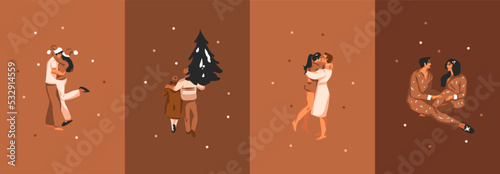 Hand drawn vector abstract Merry Christmas and Happy new year illustration of people characters.Christmas couple characters cards set.Merry Christmas people card design.Winter holiday art collection.