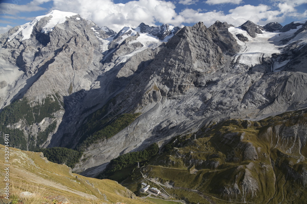 The Alpine mountain peak of Orltes in South Tyrol from Stelvio Pass, Italy. 