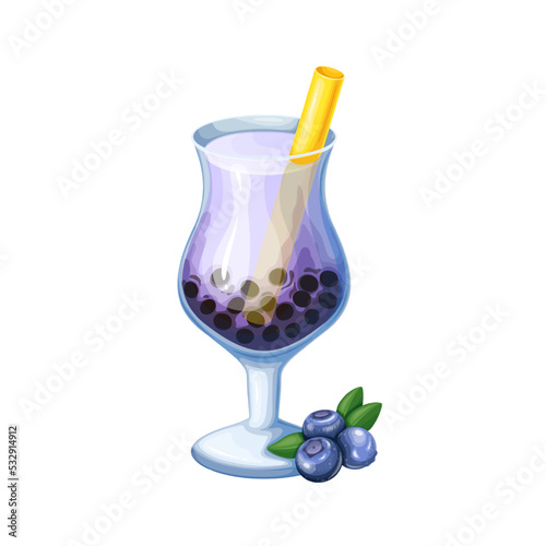 Blueberry bubble tea with tapioca pearls vector illustration. Cartoon isolated delicious berry milkshake in glass with tubule, natural milky smoothie drink from summer bar or restaurant menu