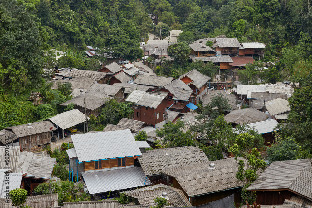 Thai local villages among the forest in the valley at Mae Kampong Village
