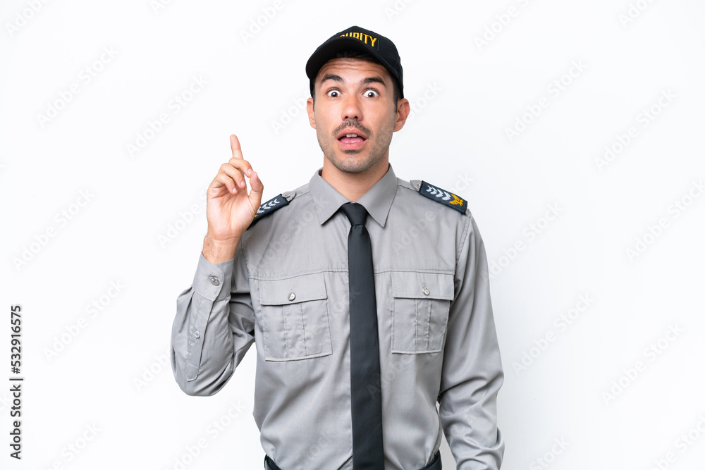 Young safeguard man over isolated white background thinking an idea pointing the finger up