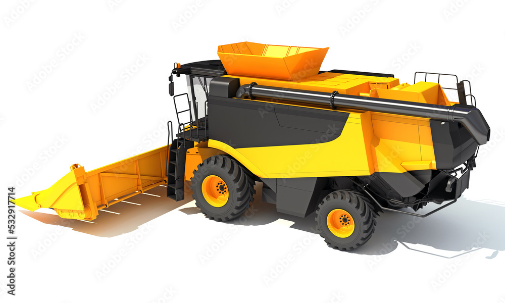 Combine Harvester farm equipment 3D rendering on white background Combine Harvester farm equipment 3D rendering on white background