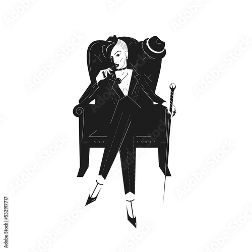Stylish boss or business woman with a mohawk in an elegant retro suit sits cross-legged on a chair and holds a cane. Strong and power girl vector illustration in noir style.