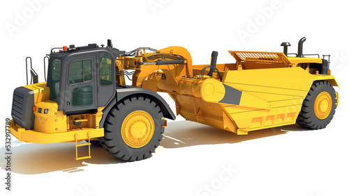 Tractor Scraper heavy machinery 3D rendering on white background