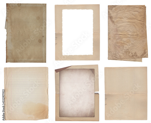 Set of various Old papers and postcards with scratches and stains texture isolated