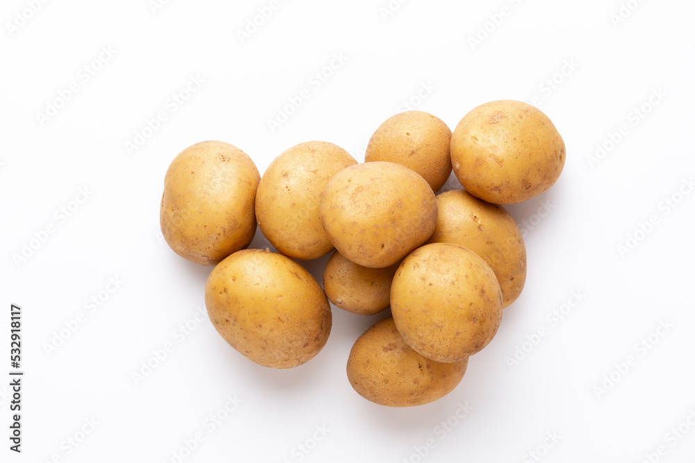 Potatoes isolated on white background. Flat lay. Top view. Potatoes isolated on white background. Flat lay. Top view.