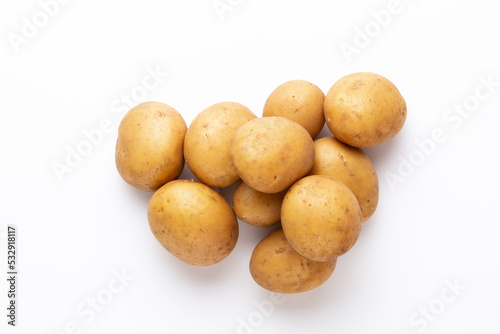 Potatoes isolated on white background. Flat lay. Top view.