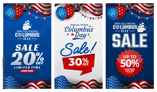 Columbus sale discount, Happy Columbus Day Greeting Card 2022 with Waving USA flag vector background illustration for banner, poster, social media feed