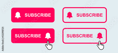 Subscribe button and bell notification icon in red colors. Click subscribe signs.