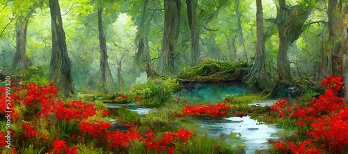Enchanting evergreen spring forest with bright red wild flowers. Calm tranquil river stream and ponds. Lush green fairy fantasy woodland vegetation. Timeless beauty of nature. 