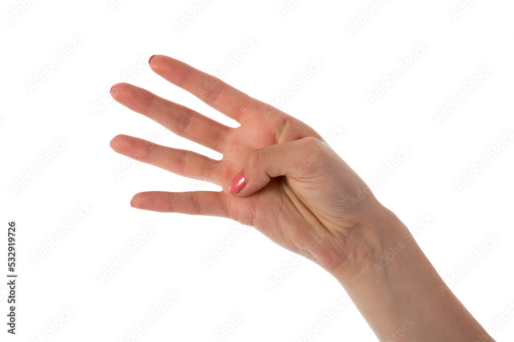 Female hand showing four fingers isolated on transparent background Female hand showing four fingers isolated on transparent background