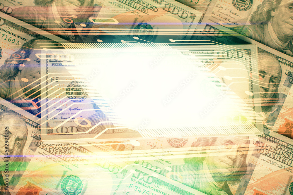 Double exposure of data theme drawing over us dollars bill background. Technology concept. Double exposure of data theme drawing over us dollars bill background. Technology concept.