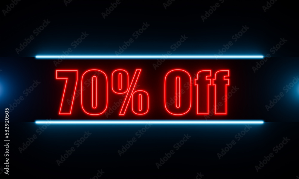 70% off, sales. Neon sign, illuminated in red. Seventy percent off, marketing ans sales activity. Retail store and shopping concept.