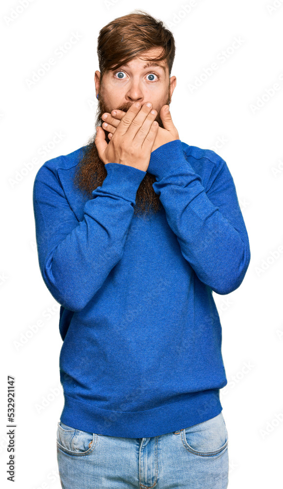 Young irish redhead man wearing casual clothes shocked covering mouth with hands for mistake. secret concept. Young irish redhead man wearing casual clothes shocked covering mouth with hands for mistake. secret concept.