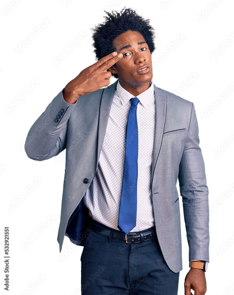 Handsome african american man with afro hair wearing business jacket shooting and killing oneself pointing hand and fingers to head like gun, suicide gesture. Handsome african american man with afro hair wearing business jacket shooting and killing oneself pointing hand and fingers to head like gun, suicide gesture.