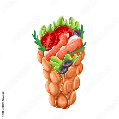 Hong Kong bubble waffles sandwich with smoked or salty salmon slices, sauce, herbs and vegetables vector illustration. Cartoon isolated crispy wafer cone with fish, tomato and salad leaf for eating