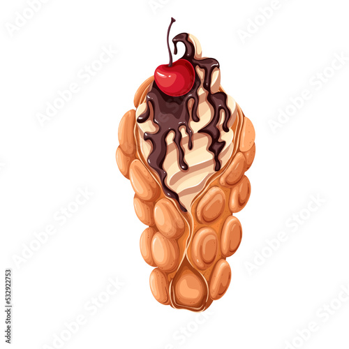 Hong Kong bubble waffle with soft ice cream, melting liquid drops of chocolate sauce and cherry on top vector illustration. Cartoon isolated sweet egg wafer cone with creamy summer delicious dessert