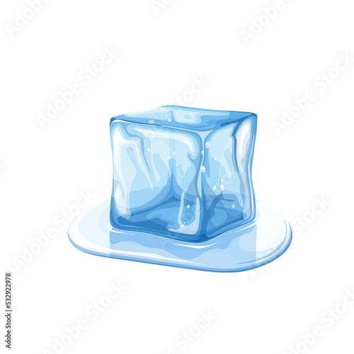 Ice cube in water puddle vector illustration. Cartoon isolated blue glacial block melting in thaw, one fresh crystal freezer brick lying on wet surface with clear liquid, transparent purity of pieces