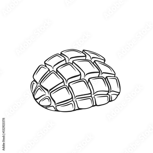 Half mango with cubes outline icon vector illustration. Hand drawing line tropical mango cut in cubic ripe pieces and slices, sweet exotic fruit ready to eat healthy fruity and juicy summer dessert