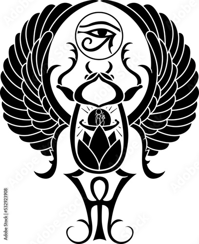  Egyptian Scarab bug with wings And ankh , Eye of Horus symbol.eps