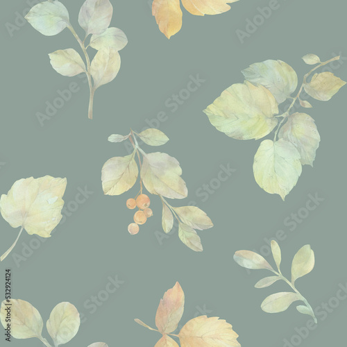Botanical autumn pattern. Seamless ornament. abstract watercolor leaves on green background. © Sergei