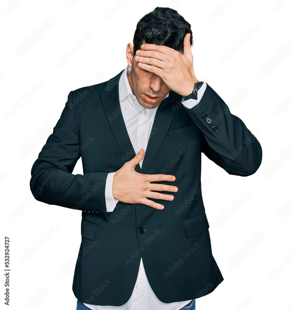 Handsome hispanic man wearing business clothes touching forehead for illness and fever, flu and cold, virus sick
