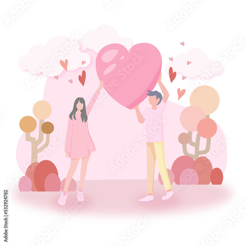 Lovely young couple on abstract pink background with heart  design for Valentine   s Day festival. illustration. Paper craft style.