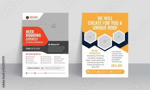 Roofing service flyer brochure cover template and handyman home repair leaflet design with building solution poster layout