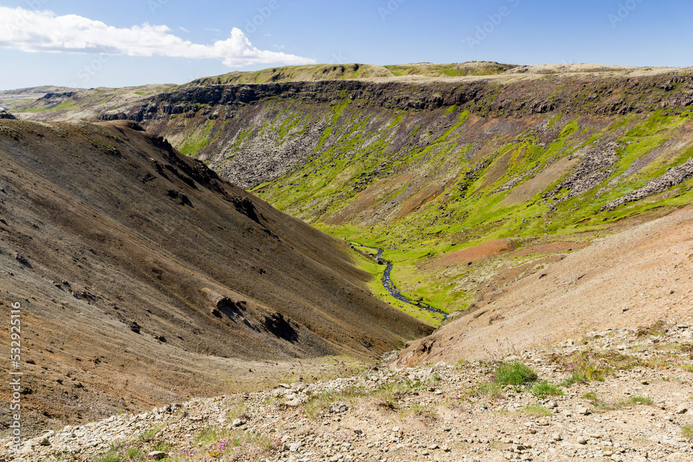 view from above through the valley of  Reykjadalur, Iceland