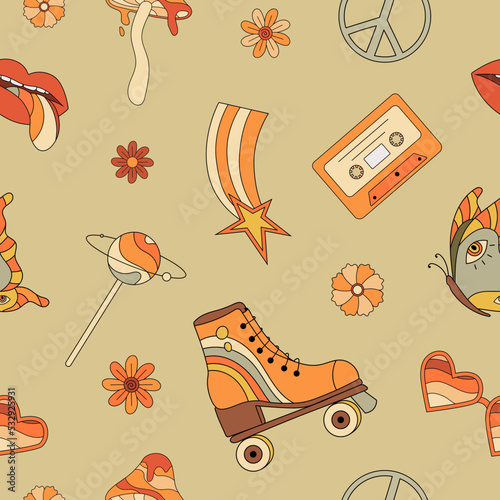 Hippie psychedelic groovy seamless pattern. Retro flowers, butterfly, roller skate, lips, cassette, peace sign. Surreal vector illustration