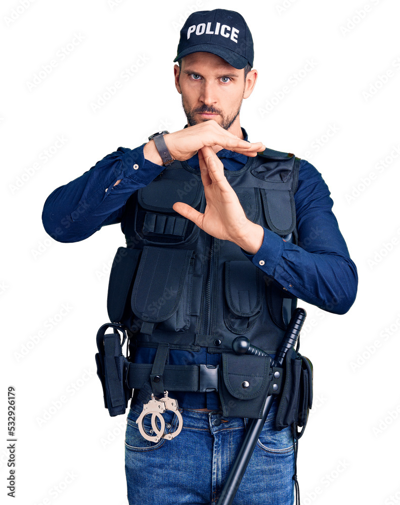 Young handsome man wearing police uniform doing time out gesture with hands, frustrated and serious face Young handsome man wearing police uniform doing time out gesture with hands, frustrated and serious face