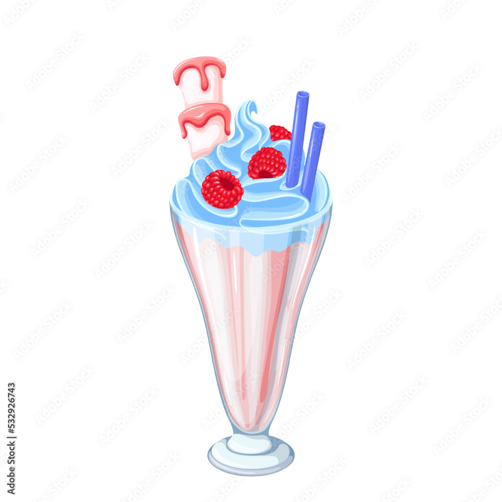 Milkshake with berry vector illustration. Cartoon isolated pink milk drink  with whipped blue cream, juicy raspberry decor and drinking straw in glass  cone cup, smoothie and summer food for refreshment Stock-Vektorgrafik |