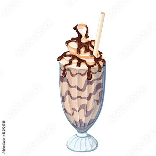 Chocolate milkshake vector illustration. Cartoon isolated iced coffee drink with choco sauce topping, whipped creamy milk or soft brown ice cream and drinking straw in glass, dairy sweet food
