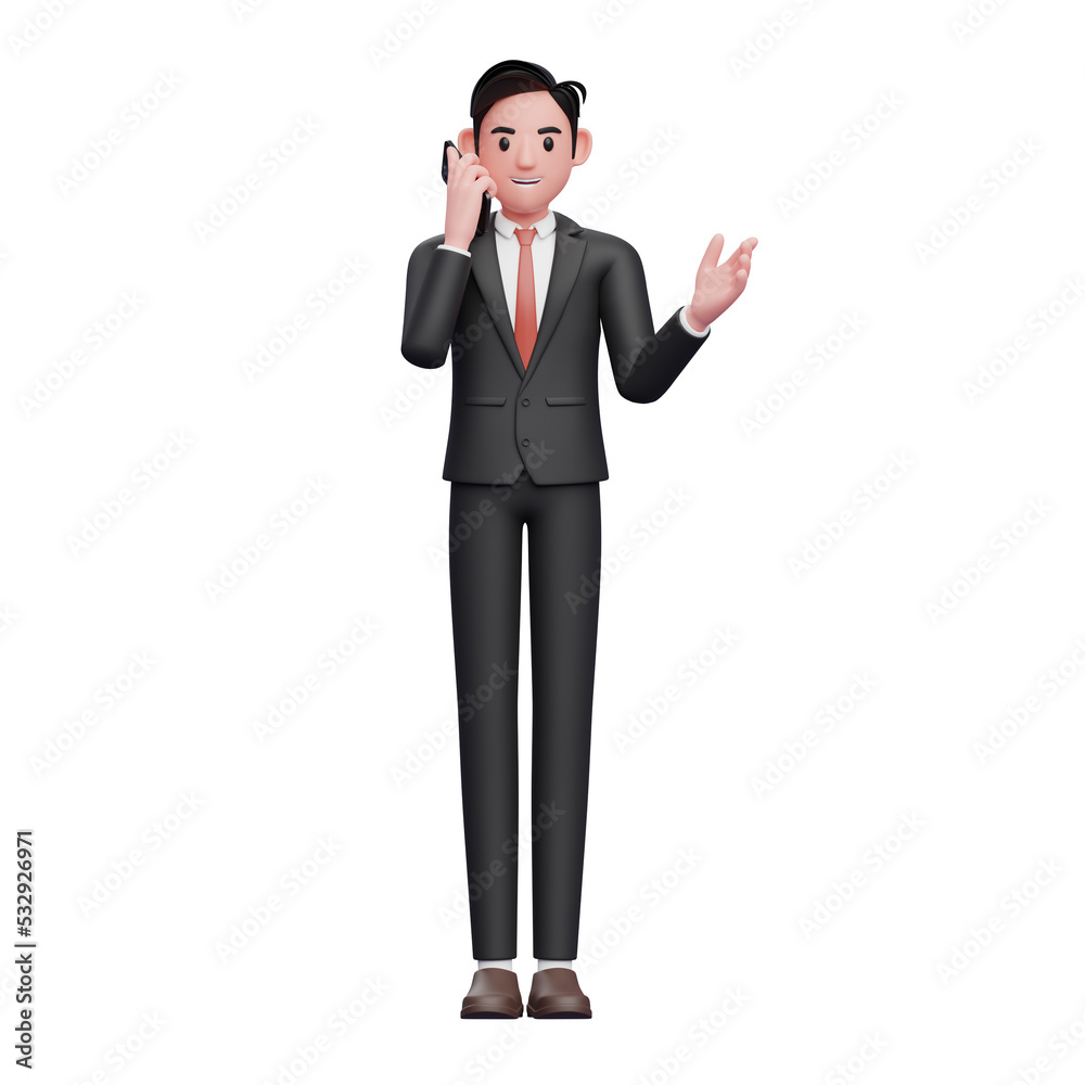 businessman in black formal suit make a call with a cell phone with open hand gesture, 3d illustration of businessman using phone businessman in black formal suit make a call with a cell phone with open hand gesture, 3d illustration of businessman using phone