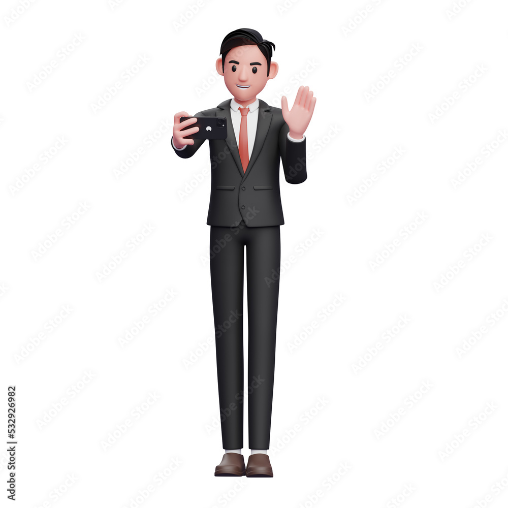 businessman in black formal suit make video calls and waving hand, 3d illustration of businessman using phone