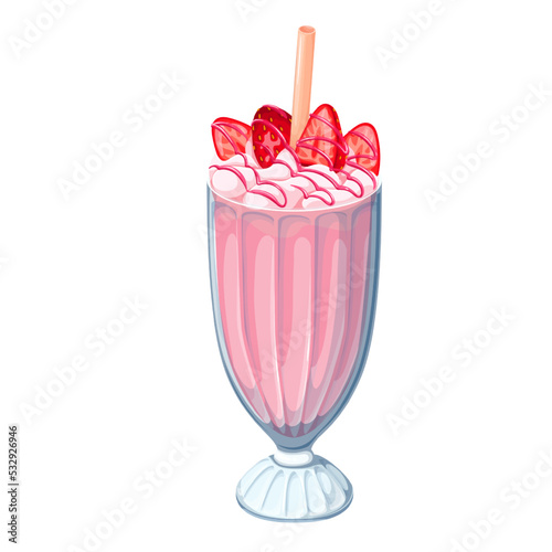Strawberry milkshake vector illustration. Cartoon isolated cold milk smoothie drink with juicy berry slices, pink sauce decor on whipped fresh cocktail and plastic straw for drinking summer dessert