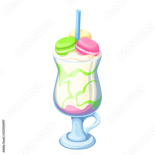 Milkshake with macaroons vector illustration. Cartoon isolated glass cup with summer dessert, mix of milk drink or vanilla yogurt with green and pink syrup and ice, colorful macaron and drinking straw
