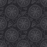 Citrus slices of lemon, orange with white outline on a black background. Seamless cute modern pattern. 